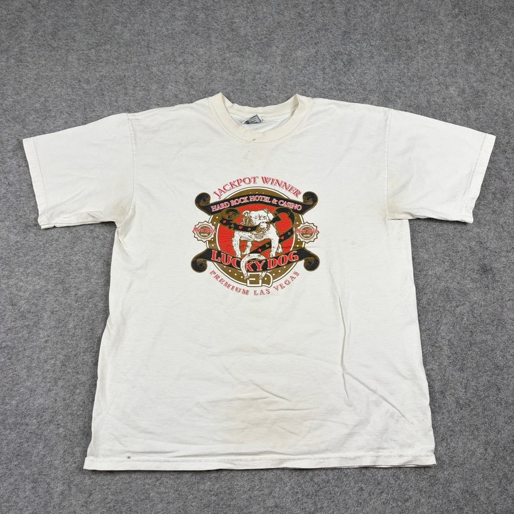 Hard Rock Hotel T Shirt Mens Large White Vintage Lucky Dog Las Vegas Graphic Y2K